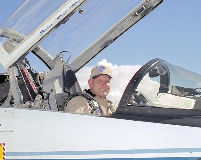 NASA image: NASA Dryden Flight Research Center's chief pilot Gordon Fullerton in the cockpit of the center's T-38 Talon mission support aircraft.