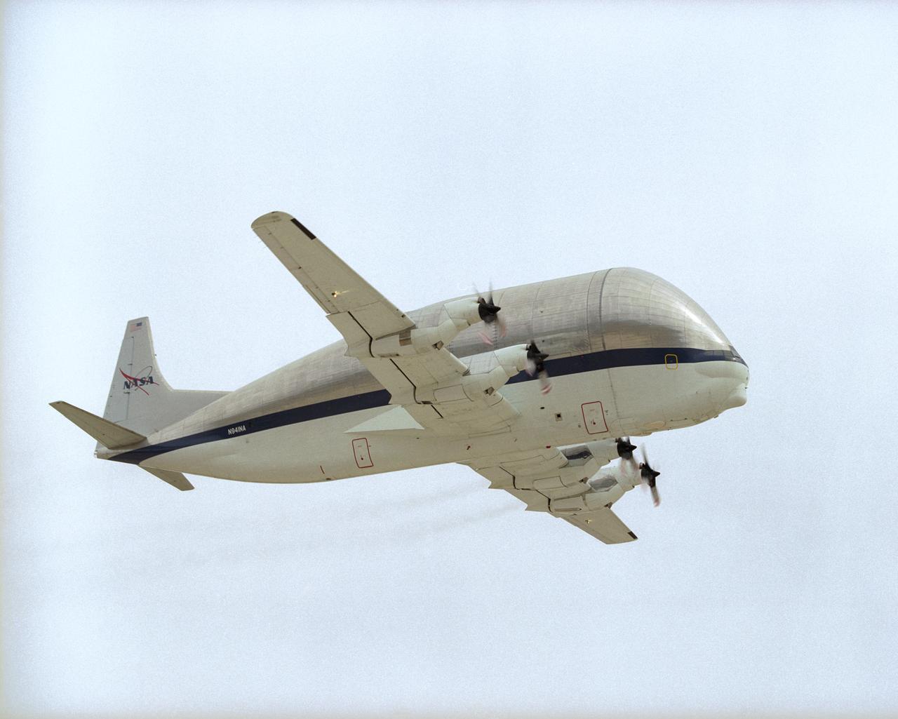 After replacement of its landing gear at NASA Dryden, NASA's Super Guppy Turbine cargo plane takes off from Edwards AFB to return to the Johnson Space Center.