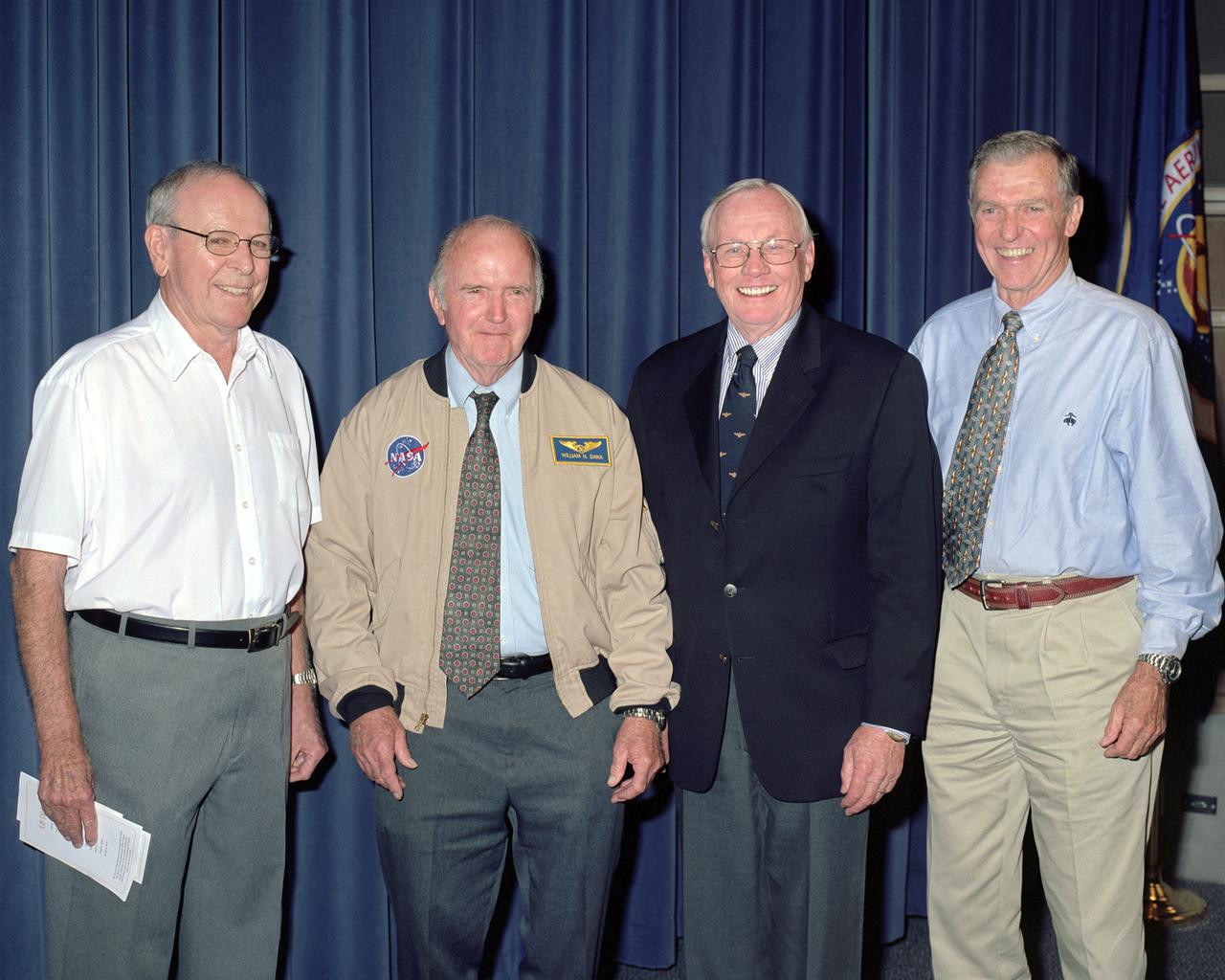 Four of the five surviving X-15 pilots were on hand when astronaut wings were presented to the three NASA pilots who flew the X-15 rocket plane into space in the 1960s, Bill Dana, Joe Walker (deceased) and Jack McKay (deceased). From left, Robert White, Dana, Neil Armstrong, Joe Engle.