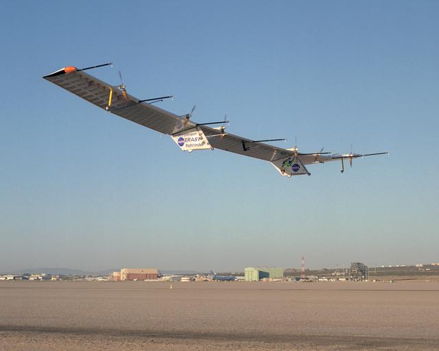 NASA image: The Pathfinder-Plus solar-electric flying wing lifts off Rogers Dry Lake adjoining NASA Dryden Flight Research Center on a turbulence-measurement flight.