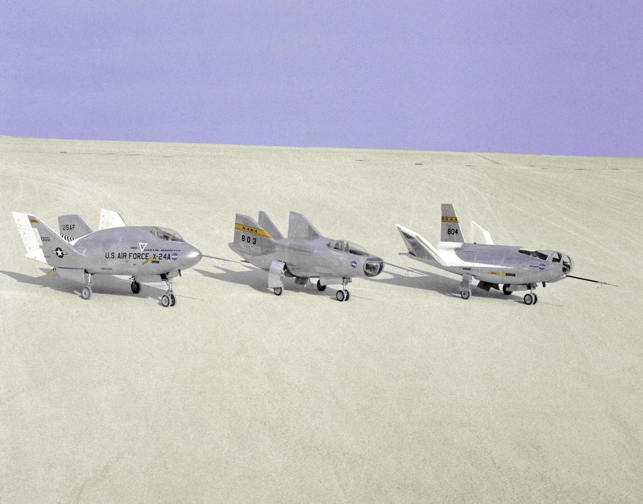 The wingless, lifting body aircraft sitting on Rogers Dry Lake at what is now NASA's Dryden Flight Research Center, Edwards, California, from left to right are the X-24A, M2-F3 and the HL-10. The lifting body aircraft studied the feasibility of maneuvering and landing an aerodynamic craft designed for reentry from space. These lifting bodies were air launched by a B-52 mother ship, then flew powered by their own rocket engines before making an unpowered approach and landing. They helped validate the concept that a space shuttle could make accurate landings without power. The X-24A flew from April 17, 1969 to June 4, 1971. The M2-F3 flew from June 2, 1970 until December 21, 1971. The HL-10 flew from December 22, 1966 until July 17, 1970, and logged the highest and fastest records in the lifting body program.