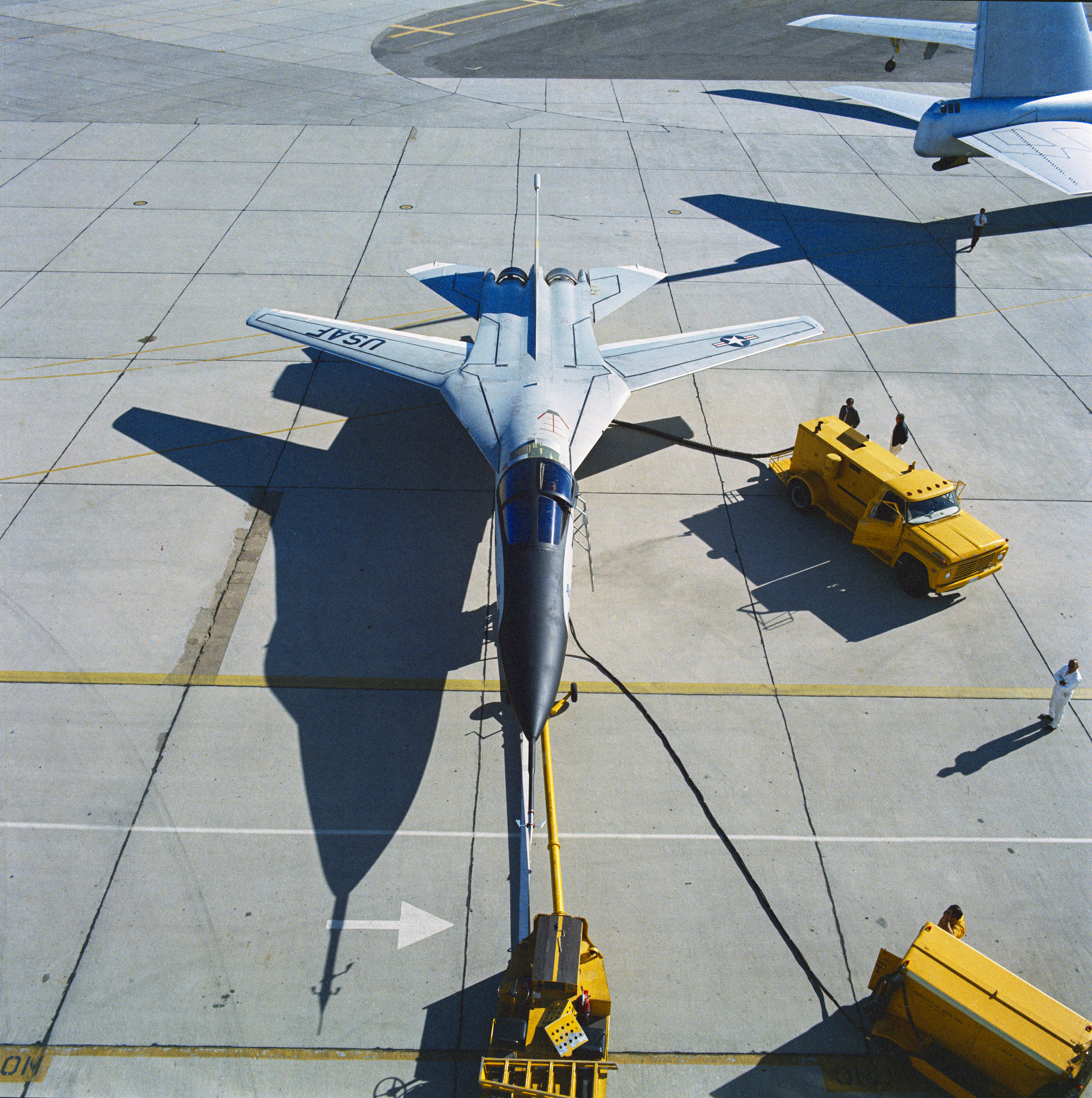 The F-111B with its wings swept to their maximum angle. It carried the Mission Adaptive Wing, a single-piece composite structure with leading and trailing edges that could be lowered or raised in flight.