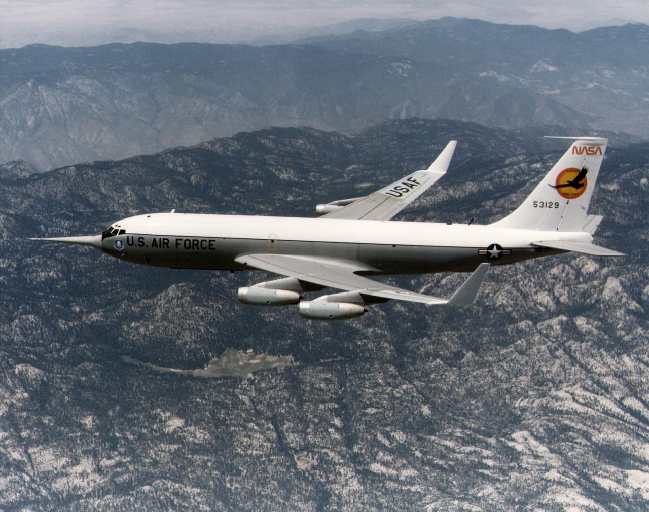 The KC-135 with the winglets in flight over the San Gabriel mountains, south of Edwards AFB. While wind tunnel tests suggested that winglets - developed by NASA Langley's Richard Whitcomb - would significantly reduce drag, flight research proved their usefulness. Winglets were installed on an Air Force KC-135 and research flights were made in 1979 and 1980. These showed drag in flight was reduced by as much as 7 percent. Winglets soon appeared on production aircraft, although these were smaller than those mounted on the KC-135.
