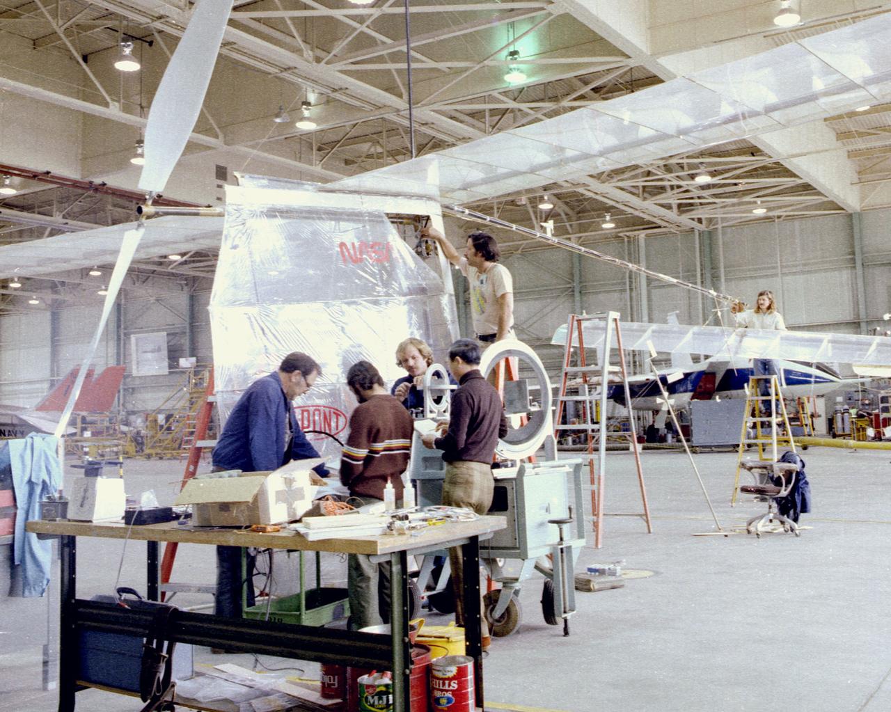 Assembling the Gossamer Albatross II in hangar