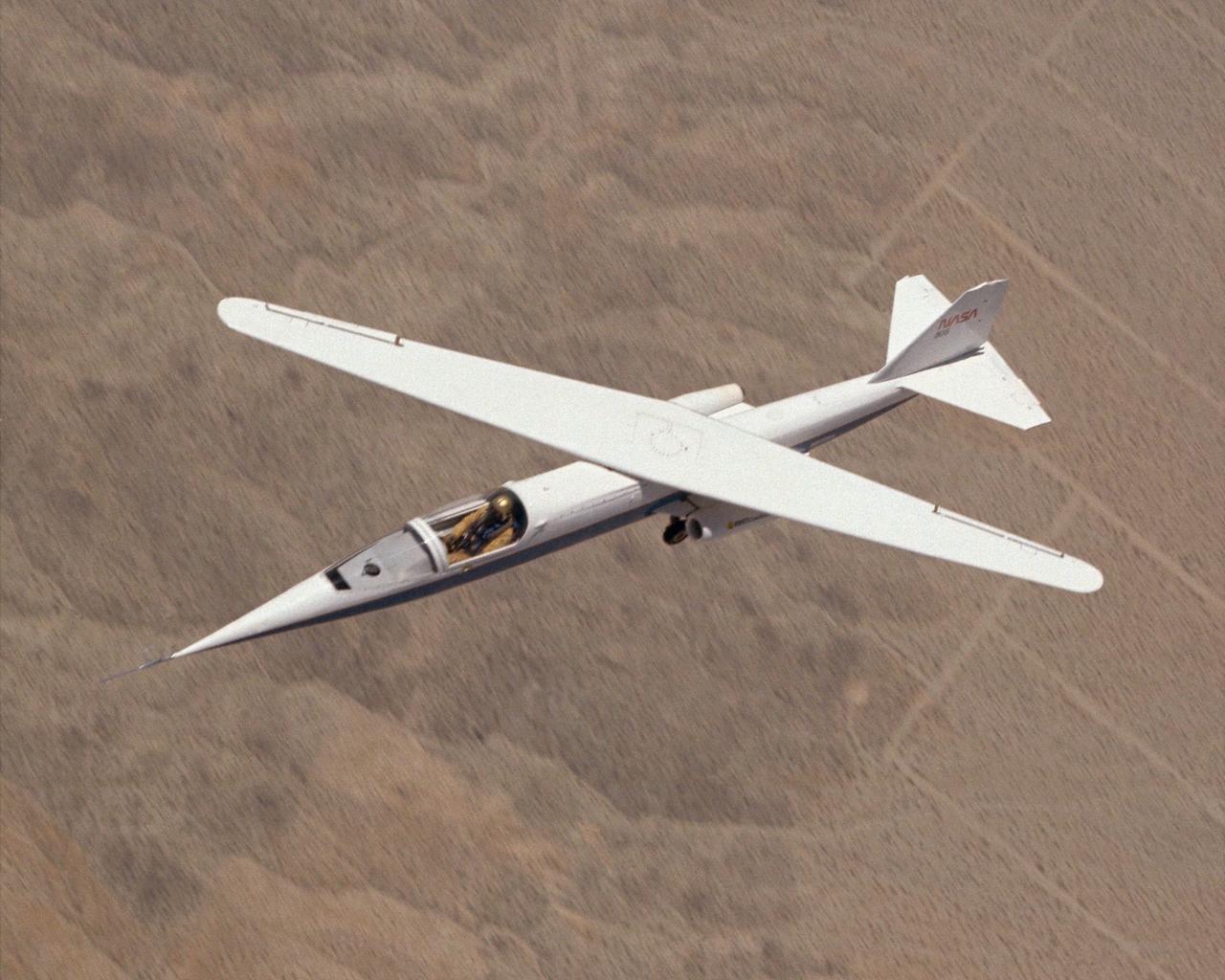 AD-1 in flight. Flight #30. The AD-1 aircraft in flight with its wing swept at 60 degrees, the maximum sweep angle. 