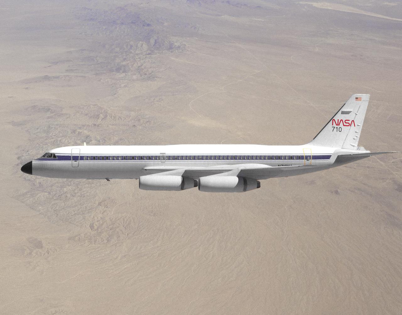 NASA 710, a Convair 990 transport aircraft formerly used for medium altitude atmospheric research, cruises over the Mojave Desert near NASA's Dryden Flight Research Center, Edwards, California. The flight was a final speed calibration run prior to the start of extensive modifications that turned the aircraft into a landing systems research aircraft to test and evaluate brakes and landing gear systems on space shuttles and also conventional aircraft. Research flights with the aircraft began in April of 1993. Testing of shuttle components lasted into fiscal year 1995.