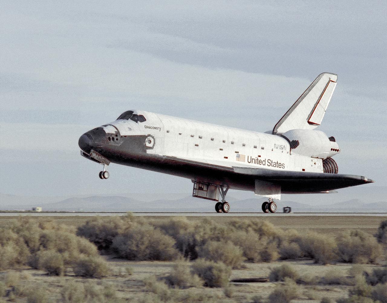 The STS-29 Space Shuttle Discovery mission lands at NASA's then Ames-Dryden Flight Research Facility, Edwards AFB, California, early Saturday morning, 18 March 1989. Touchdown was at 6:35:49 a.m. PST and wheel stop was at 6:36:40 a.m. on runway 22. Controllers chose the concrete runway for the landing in order to make tests of braking and nosewheel steering. The STS-29 mission was very successful, completing the launch of a Tracking and Data Relay communications satellite, as well as a range of scientific experiments. Discovery's five-man crew was led by Commander Michael L. Coats, and included pilot John E. Blaha and mission specialists James P. Bagian, Robert C. Springer, and James F. Buchli.