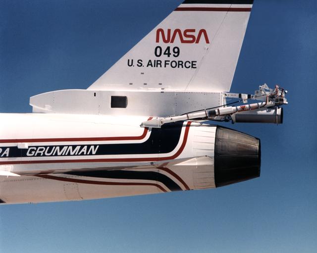NASA image: X-29 Number Two in Flight Closeup of Spin Chute Mechanism