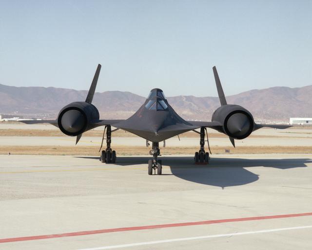 NASA image: This photo shows a head-on view of NASA's SR-71B on the ramp at the Air Force's Plant 42 in Palmdale, California, shortly before delivery to DFRC