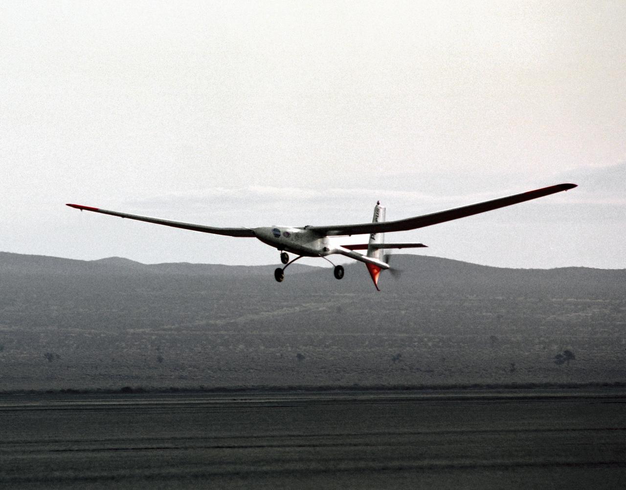 The Perseus proof-of-concept vehicle flies over Rogers Dry Lake at the Dryden Flight Research Center, Edwards, California, to test basic design concepts for the remotely-piloted, high-altitude vehicle.