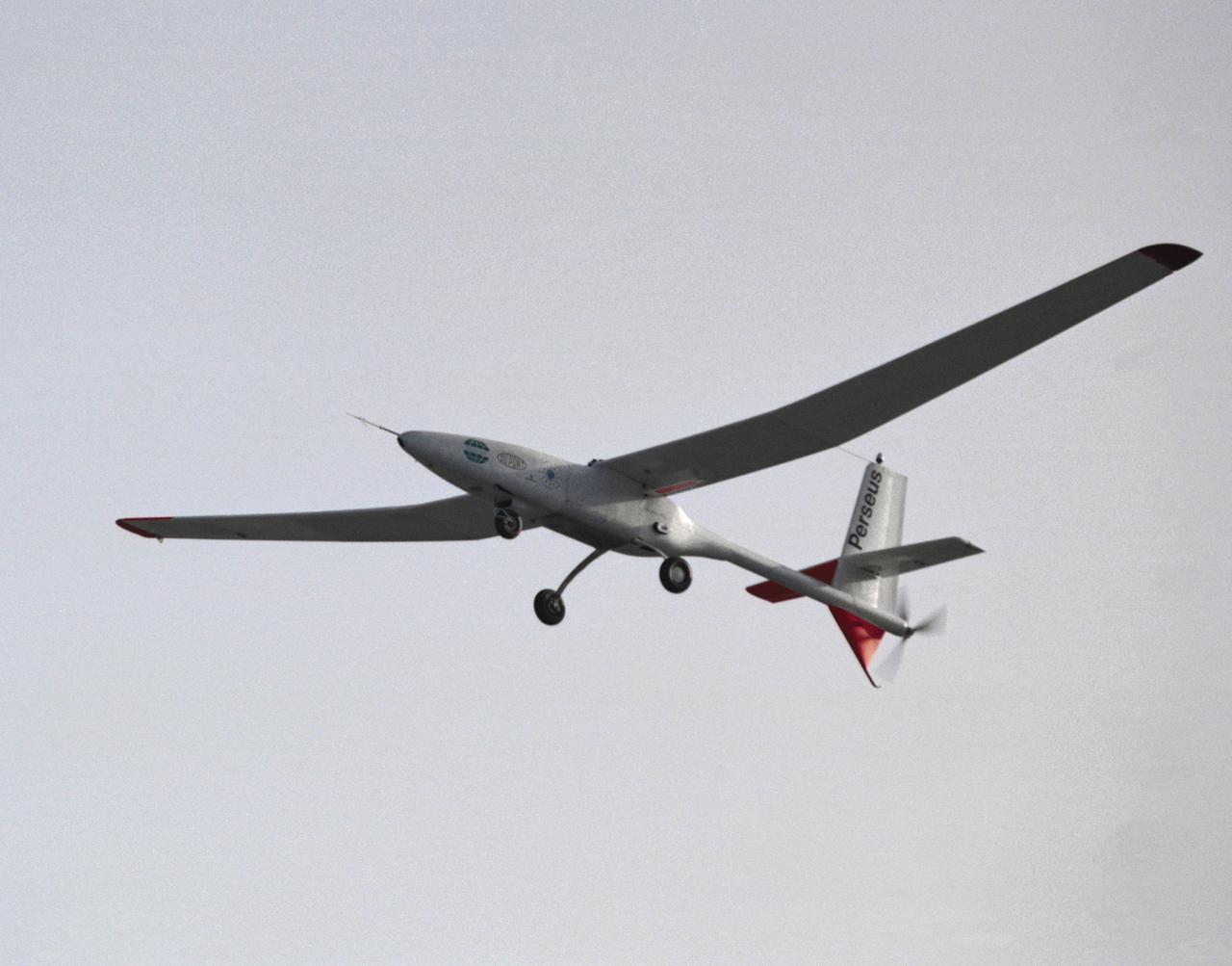 The Perseus proof-of-concept vehicle in flight at the Dryden Flight Research Center, Edwards, California in 1991. Perseus is one of several remotely-piloted aircraft designed for high-altitude, long-endurance scientific sampling missions being evaluated under the ERAST program.