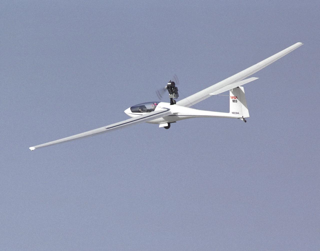 This photo shows NASA's PIK-20E motor-glider sailplane during a research flight from the Ames-Dryden Flight Research Facility (later, the Dryden Flight Research Center), Edwards, California, in 1991.
