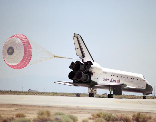 NASA image: STS-49 Landing at Edwards with First Drag Chute Landing