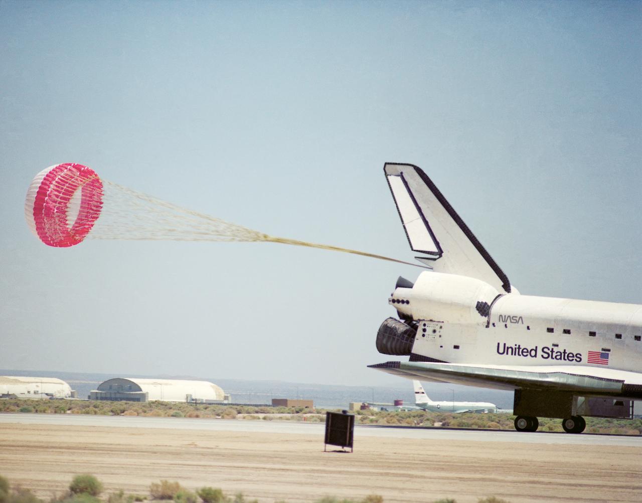 The Space Shuttle Endeavour concludes mission STS-49 at NASA's Ames-Dryden Flight Research Facility (later redesignated Dryden Flight Research Center), Edwards, California, with a 1:57 p.m. (PDT) landing 16 May on Edward's concrete runway 22. The planned 7-day mission, which began with a launch from Kennedy Space Center, Florida, at 4:41 p.m. (PFT), 7 May, was extended two days to allow extra time to rescue the Intelsat VI satellite and complete Space Station assembly techniques originally planned. After a perfect rendezvous in orbit and numerous attempts to grab the satellite, space walking astronauts Pierre Thuot, Rick Hieb and Tom Akers successfully rescued it by hand on the third space walk with the support of mission specialists Kathy Thornton and Bruce Melnick. The three astronauts, on a record space walk, took hold of the satellite and directed it to the shuttle where a booster motor was attached to launch it to its proper orbit. Commander Dan Brandenstein and Pilot Kevin Chilton brought Endeavours's record setting maiden voyage to a perfect landing at Edwards AFB with the first deployment of a drag chute on a shuttle mission.