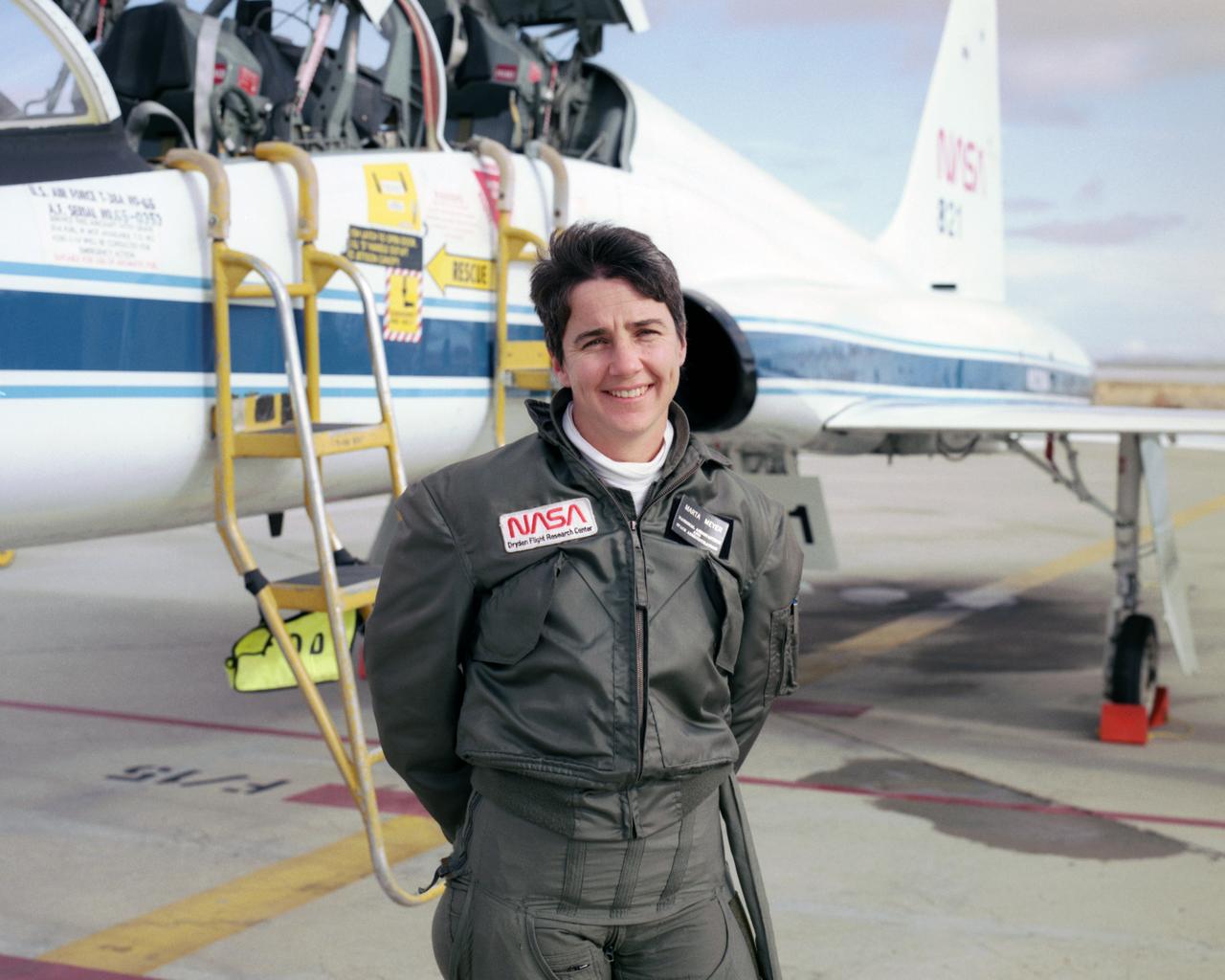 Marta Bohn-Meyer flew as a back-seat flight test engineer in this NASA T-38 mission support aircraft when this 1993 photo was taken.