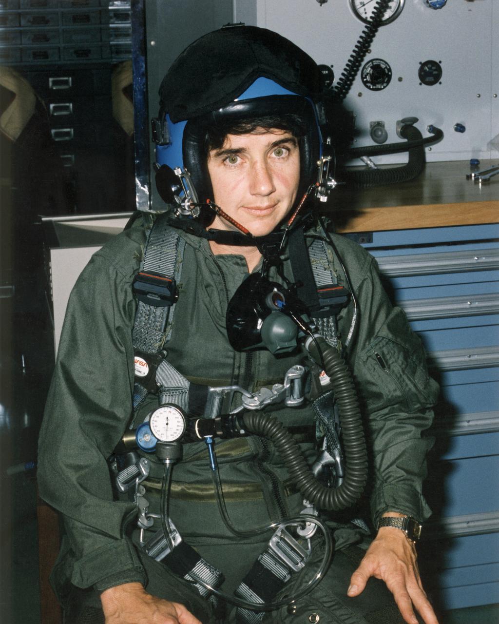 NASA Dryden flight test engineer Marta Bohn-Meyer is suited up for a research flight in the F-16XL laminar-flow control experiment in this 1993 photo.