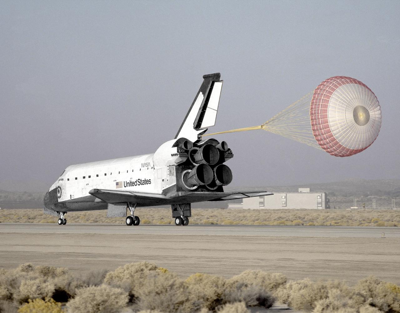 A drag chute slows the space shuttle Columbia as it rolls to a perfect landing concluding NASA's longest mission at that time, STS-58, at the Ames-Dryden Flight Research Facility (later redesignated the Dryden Flight Research Center), Edwards, California, with a 8:06 a.m. (PST) touchdown 1 November 1993 on Edward's concrete runway 22. The planned 14 day mission, which began with a launch from Kennedy Space Center, Florida, at 7:53 a.m. (PDT), October 18, was the second spacelab flight dedicated to life sciences research. Seven Columbia crewmembers performed a series of experiments to gain more knowledge on how the human body adapts to the weightless environment of space. Crewmembers on this flight included: John Blaha, commander; Rick Searfoss, pilot; payload commander Rhea Seddon; mission specialists Bill MacArthur, David Wolf, and Shannon Lucid; and payload specialist Martin Fettman.