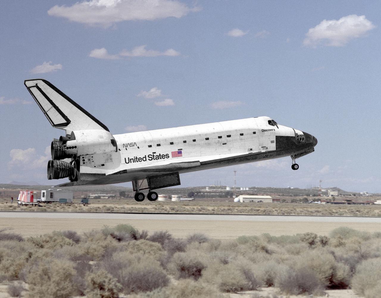 The Space Shuttle Discovery settles to the main runway at Edwards, California, at 2:13 p.m. (PDT) 20 September 1994, to conclude mission STS-64. The spacecraft, with a crew of six, was launched into a 57-degree high inclination orbit from the Kennedy Space Center, Florida, at 3:23 p.m. (PDT), 9 September 1994. The mission featured the study of clouds and the atmosphere with a laser beaming system called Lidar In-Space Technology Experiment (LITE), and the first untethered space walk in over ten years. A Spartan satellite was also deployed and later retrieved in the study of the sun's corona and the solar wind. The mission was scheduled to end Sunday, 18 September, but was extended one day to continue science work. Bad weather at the Kennedy Space Center on September 19, forced a one-day delay to September 20, with a weather divert that day to Edwards. Mission commander was Richard Richards, the pilot Blaine Hammond, while mission specialists were Jerry Linenger, Susan Helms, Carl Meade, and Mark Lee.