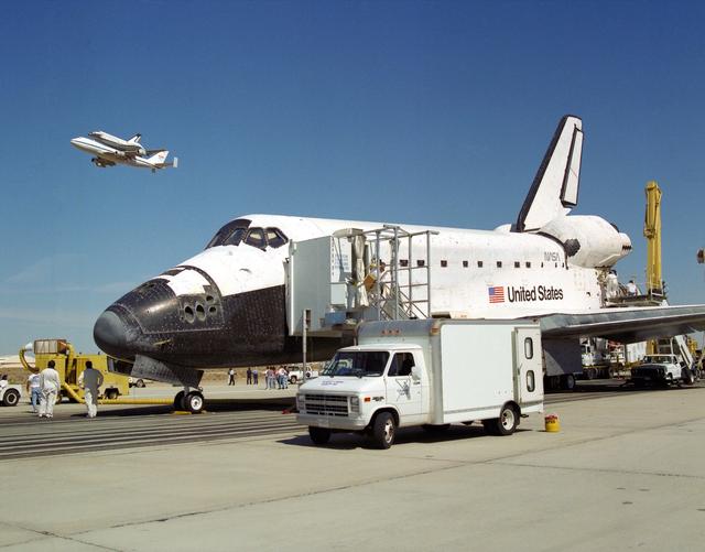 NASA image: STS-68 on Runway with 747 SCA/Columbia Ferry Flyby