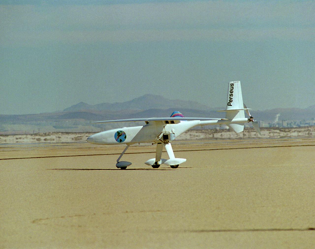 One of NASA's unmanned, remotely controlled aircraft, the Perseus B, is seen here before its first flight at the Dryden Flight Research Center, Edwards, California.