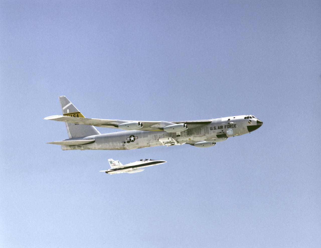 Dryden B-52 Launch Aircraft Accompanied by an F-18 Safety Chase Commemorating 40th Anniversary of Research Flights