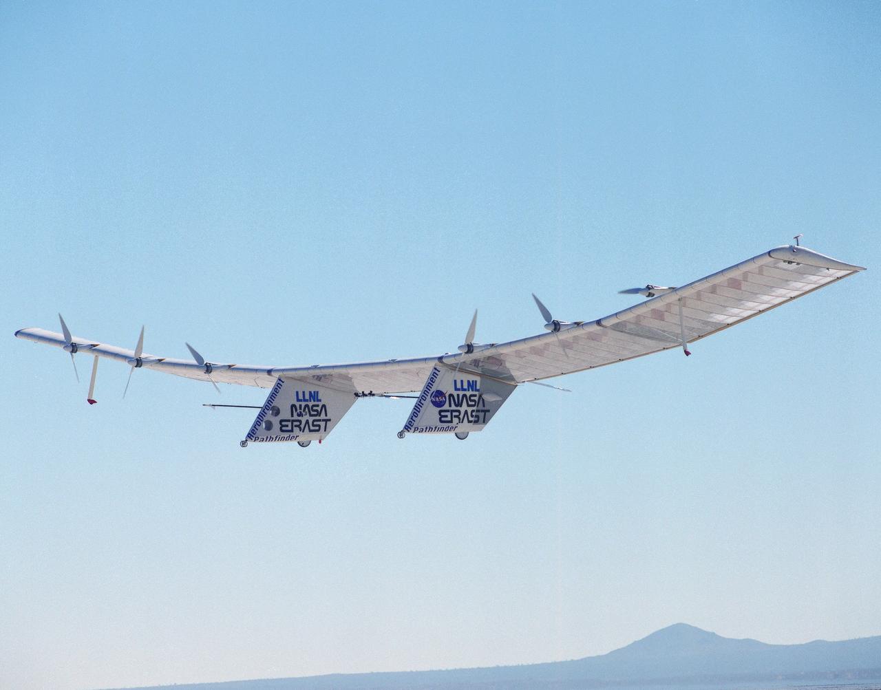 The Pathfinder solar-powered remotely piloted aircraft climbs to a record-setting altitude of 50,567 feet during a flight Sept. 11, 1995, at NASA's Dryden Flight Research Center, Edwards, California. The flight was part of the NASA ERAST (Environmental Research Aircraft and Sensor Technology) program. The Pathfinder was designed and built by AeroVironment Inc., Monrovia, California. Solar arrays cover nearly all of the upper wing surface and produce electricity to power the aircraft's six motors.