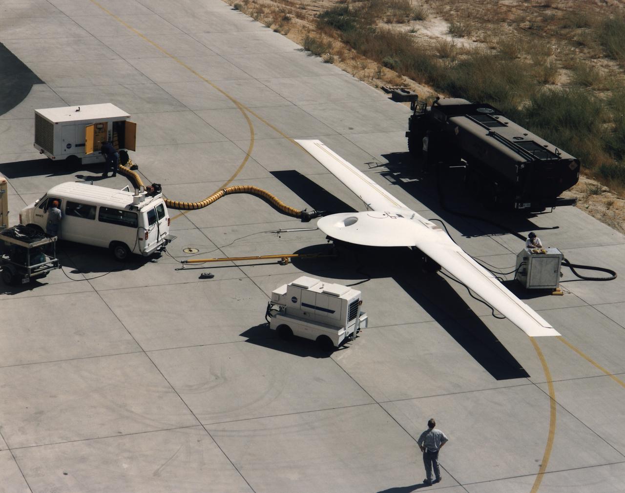 The Lockheed Martin/Boeing Tier III- (minus) unpiloted aerial vehicle undergoing an engine run on the ramp at the Dryden Flight Research Center, Edwards, California.