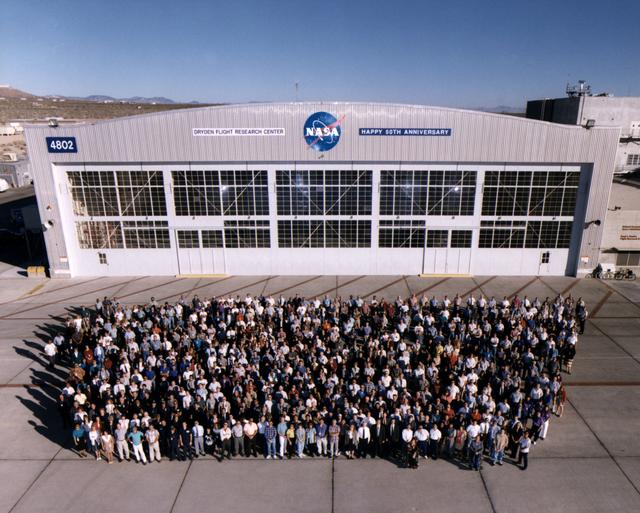 Complete NASA Dryden Staff of 1996 for 50th anniversary, on back ramp of building 4800