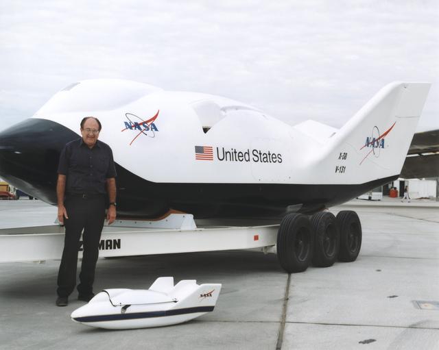 NASA image: Dale Reed with X-38 and a Subscale Model Used in Test Program