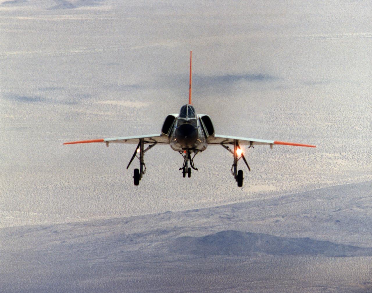 Eclipse program F-106 aircraft in flight, front view.
