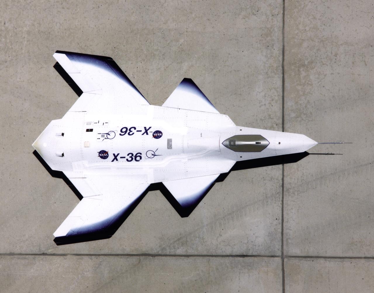 This look-down view of the X-36 Tailless Fighter Agility Research Aircraft on the ramp at NASA’s Dryden Flight Research Center, Edwards, California, clearly shows the unusual wing and canard design of the remotely-piloted aircraft.