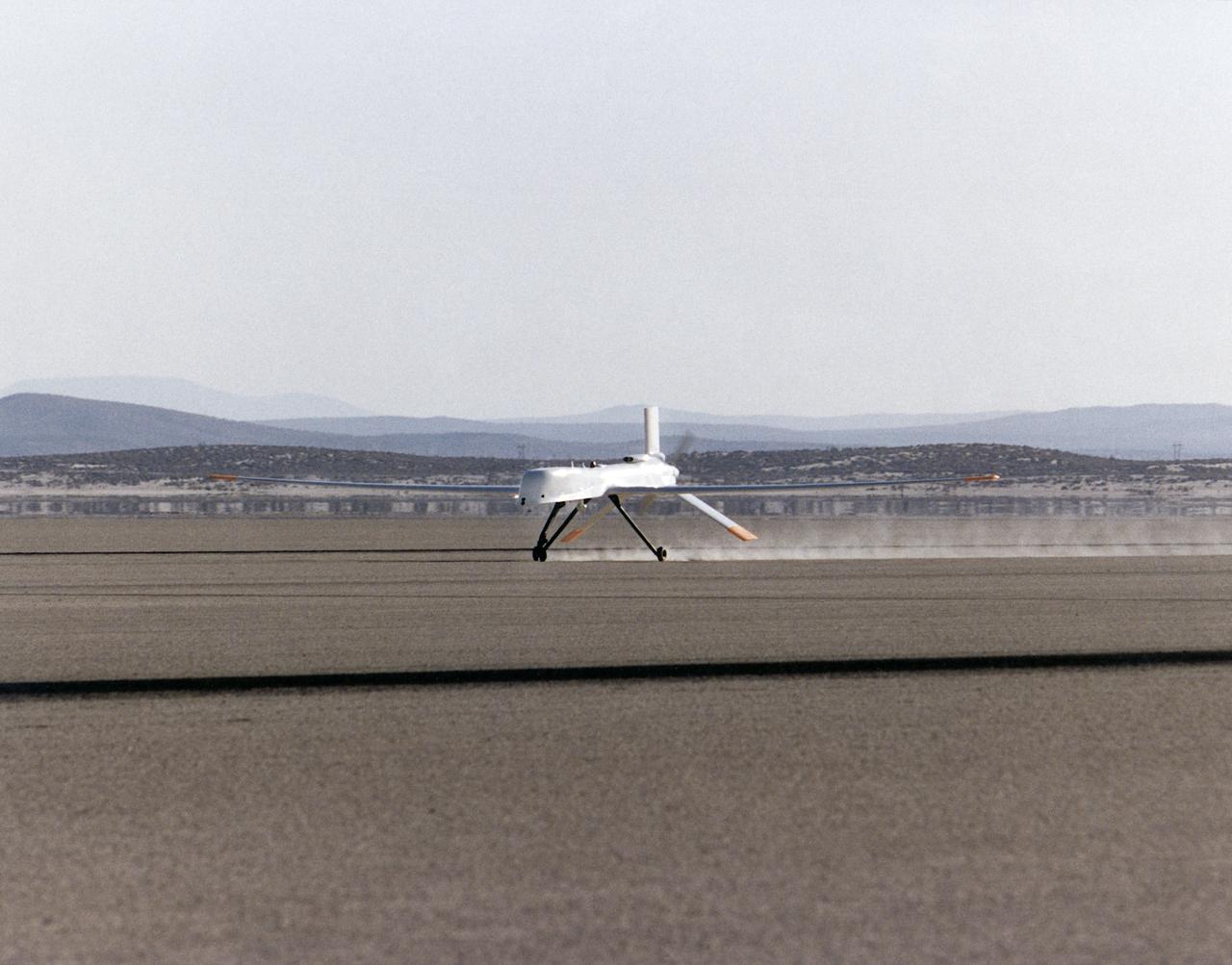 Altus I aircraft landing on Edwards lakebed runway 23