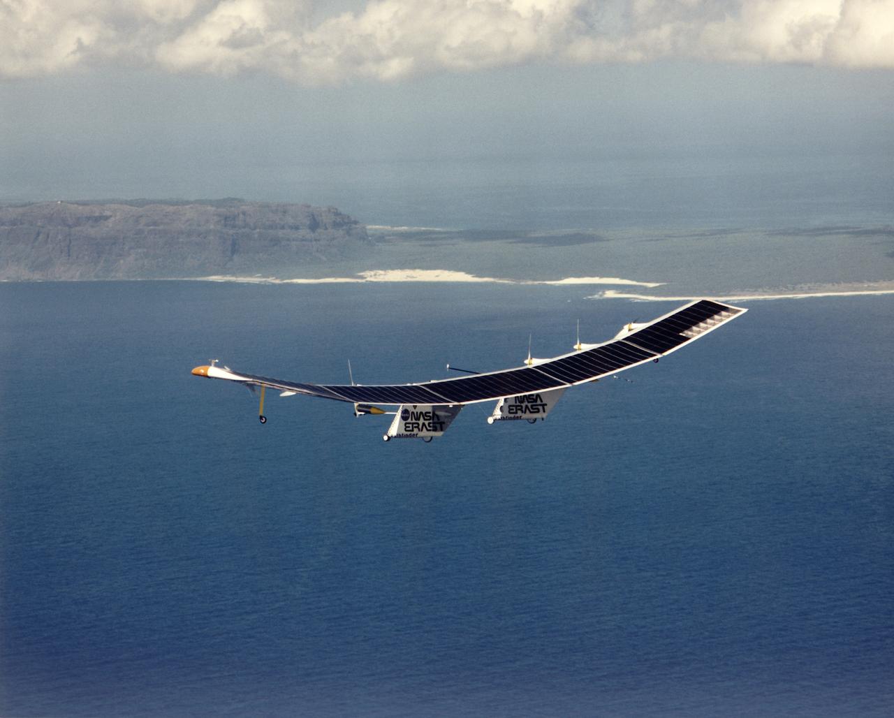 Pathfinder, NASA's solar-powered, remotely-piloted aircraft is shown while it was conducting a series of science flights to highlight the aircraft's science capabilities while collecting imagery of forest and coastal zone ecosystems on Kauai, Hawaii. The flights also tested two new scientific instruments, a high spectral resolution Digital Array Scanned Interferometer (DASI) and a high spatial resolution Airborne Real-Time Imaging System (ARTIS). The remote sensor payloads were designed by NASA's Ames Research Center, Moffett Field, California, to support NASA's Mission to Planet Earth science programs.