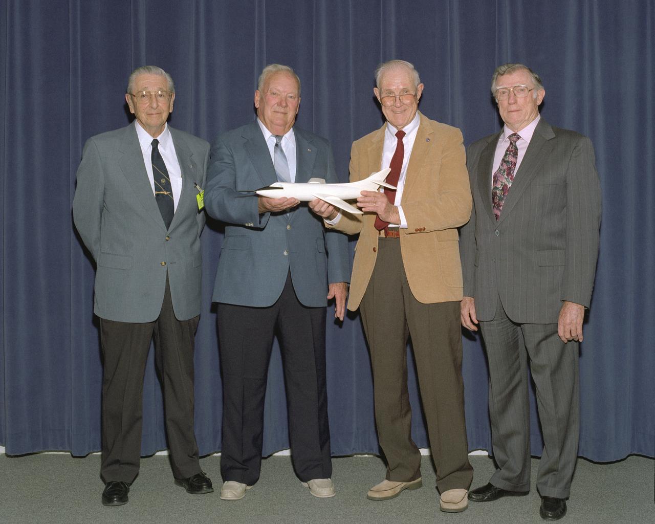 Former NACA test pilots Scott Crossfield, Stan Butchart, Robert Champine, and John Griffith gathered at the NASA Dryden Flight Research Center for the "Men of Mach 2" symposium, an event celebrating their work in the 1950's on the D-558-II Skyrocket aircraft.
