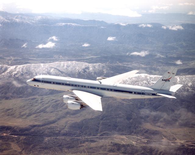 DC-8 Airborne Laboratory in flight over Mint Canyon near the San Gabriel Mountains
