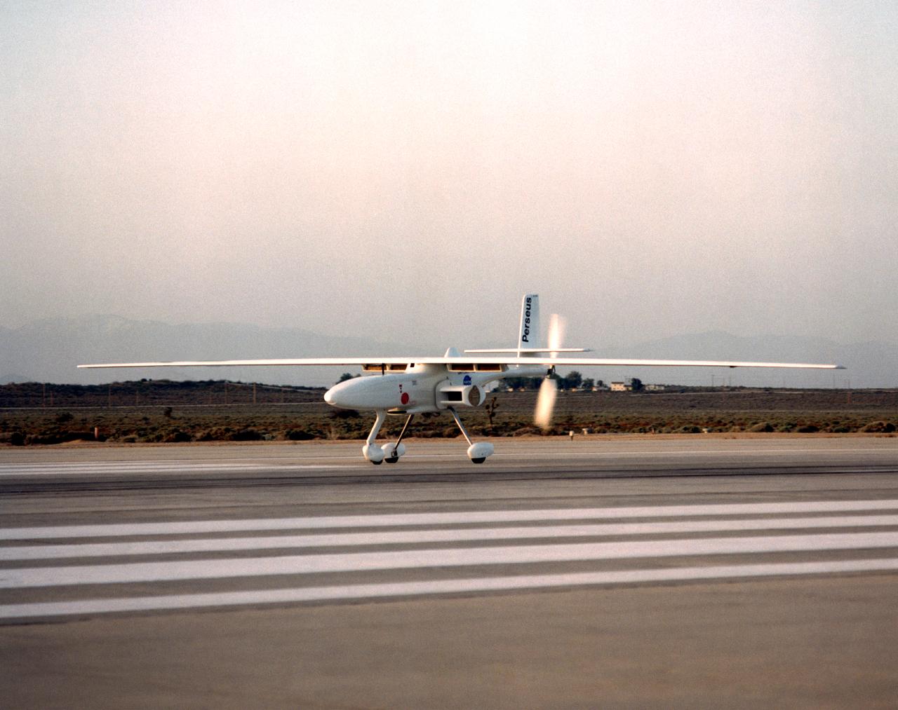 The Perseus B remotely piloted aircraft taxis on the runway at Edwards Air Force Base, California, before a series of development flights at NASA's Dryden flight Research Center. The Perseus B is the latest of three versions of the Perseus design developed by Aurora Flight Sciences under NASA's Environmental Research Aircraft and Sensor Technology (ERAST) program.