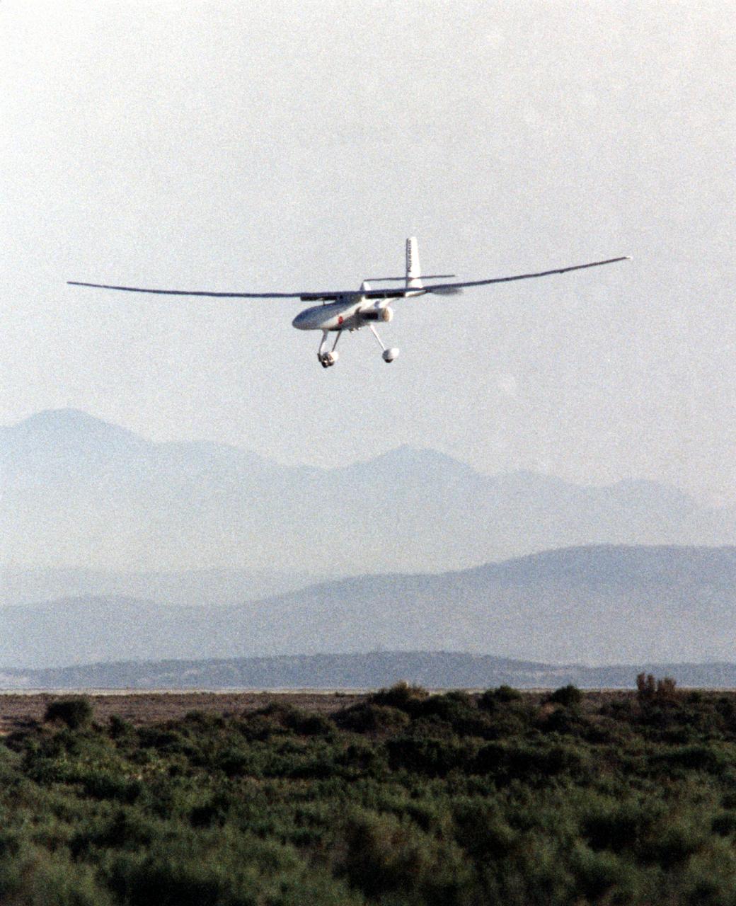 The Perseus B remotely piloted aircraft approaches the runway at Edwards Air Force Base, Calif. at the conclusion of a development flight at NASA's Dryden flight Research Center in April 1998. The Perseus B is the latest of three versions of the Perseus design developed by Aurora Flight Sciences under NASA's Environmental Research Aircraft and Sensor Technology (ERAST) program.