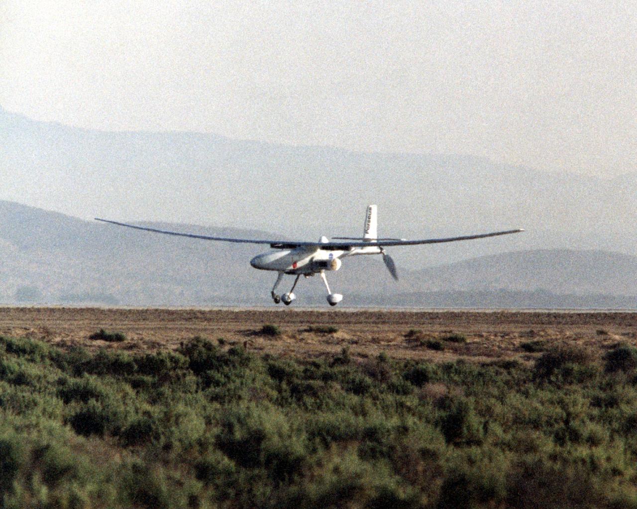The Perseus B remotely piloted aircraft nears touchdown at Edwards Air Force Base, Calif. at the conclusion of a development flight at NASA's Dryden Flight Research Center. The Perseus B is the latest of three versions of the Perseus design developed by Aurora Flight Sciences under NASA's Environmental Research Aircraft and Sensor Technology (ERAST) program.