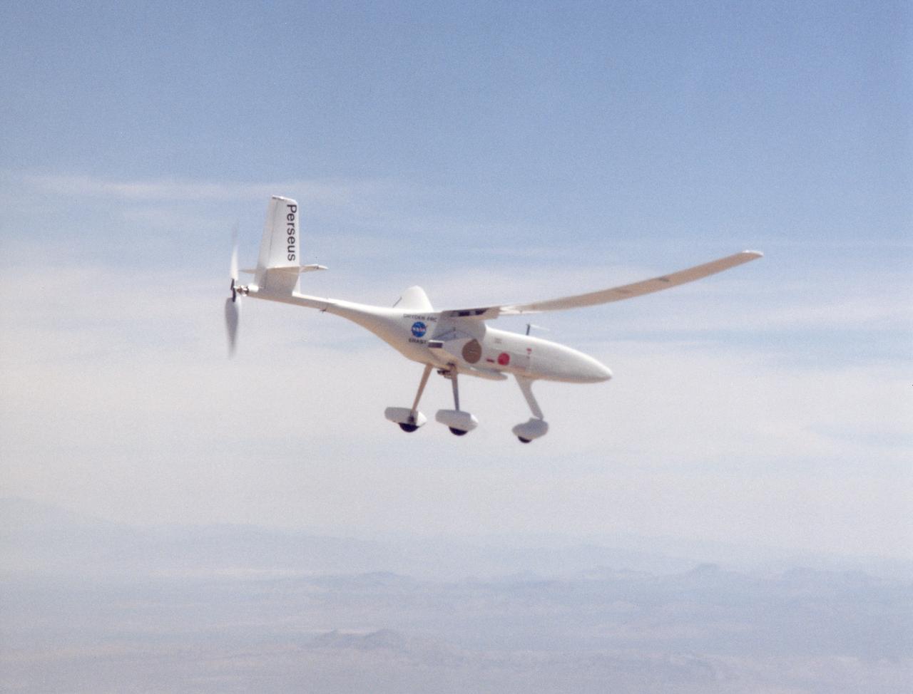A long, slender wing and a pusher propeller at the rear characterize the Perseus B remotely piloted research aircraft, seen here during a test flight in June 1998.