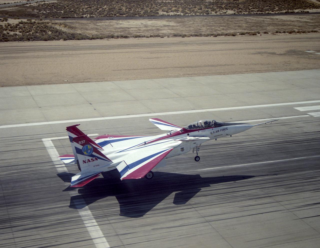 The F-15 Advanced Controls Technology for Integrated Vehicles, the first pre-production F-15B, shows its canards. Less obvious are the multi-axis thrust vectoring exhaust nozzles.