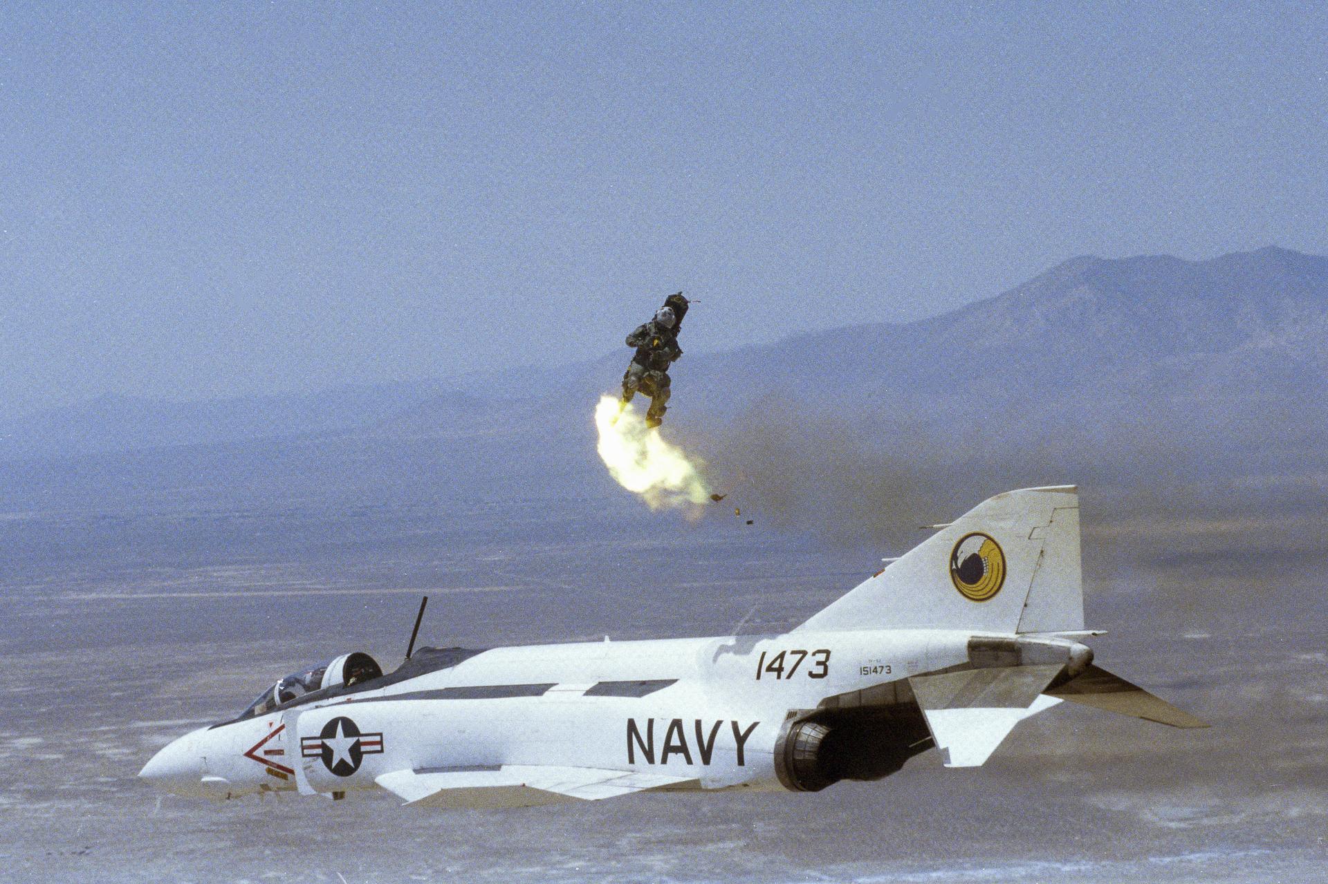 An instrumented mannequin ejects, with help of pyrotechnics, from a specially modified YF-4J drone at the Naval Warfare Center Weapons Division at China Lake, California, on Wednesday May 19, 1999. The test was the final flight in NASA’s ejection seat research, which began in 1995 at NASA’s Armstrong (then Dryden) Flight Research Center in Edwards, California. The project was a collaboration between NASA, the Naval Warfare Center, and the Canada’s Department of National Defense.