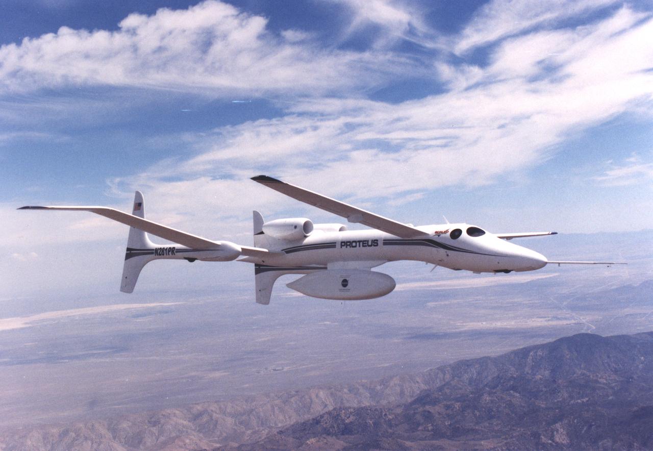 The uniquely shaped Proteus high-altitude aircraft soars over California’s Mojave Desert during a July 1999 flight.