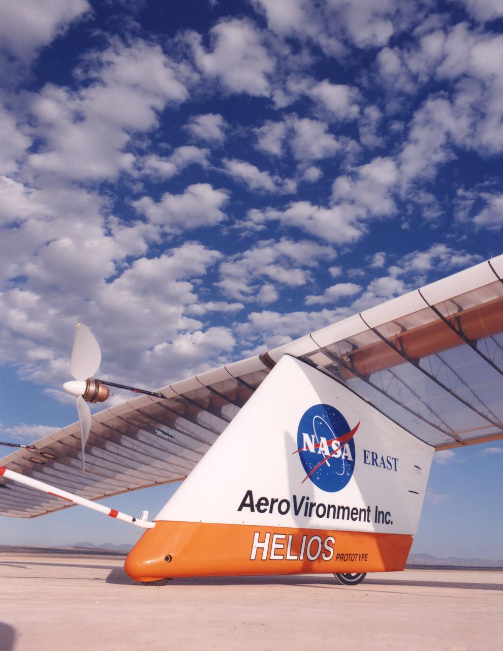 Closeup of the Helios Prototype, the latest and largest example of a slow-flying ultralight flying wing designed for high-altitude, long-duration Earth science or telecommunications relay missions.