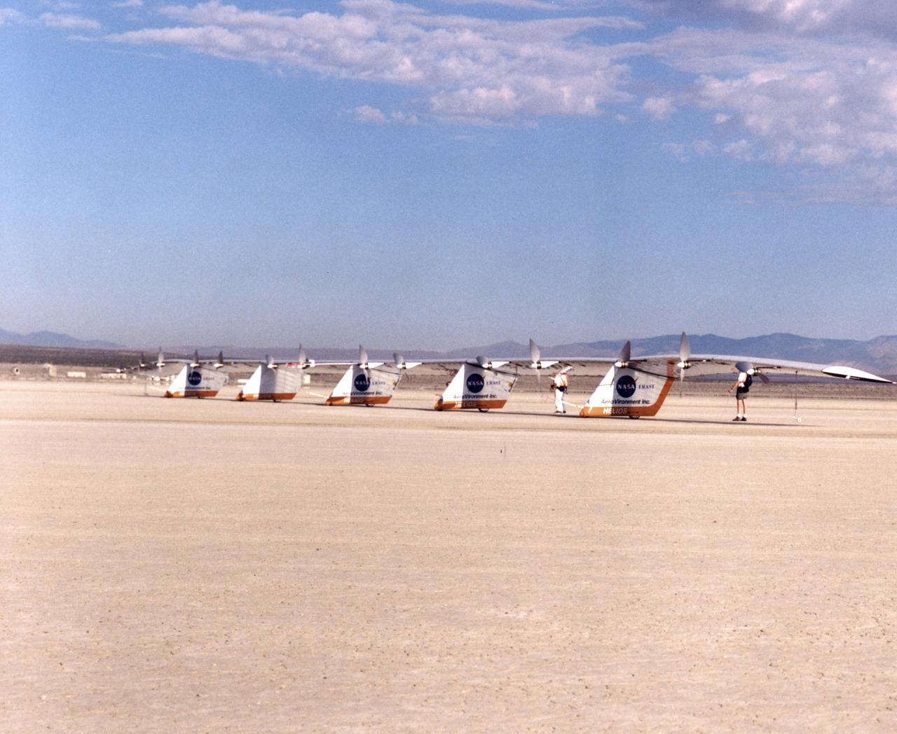 The Helios Prototype is an enlarged version of the Centurion flying wing, which flew a series of test flights at Dryden in late 1998. The craft has a wingspan of 247 feet, 41 feet greater than the Centurion, 2 1/2 times that of its solar-powered Pathfinder flying wing, and longer than either the Boeing 747 jetliner or Lockheed C-5 transport aircraft.
