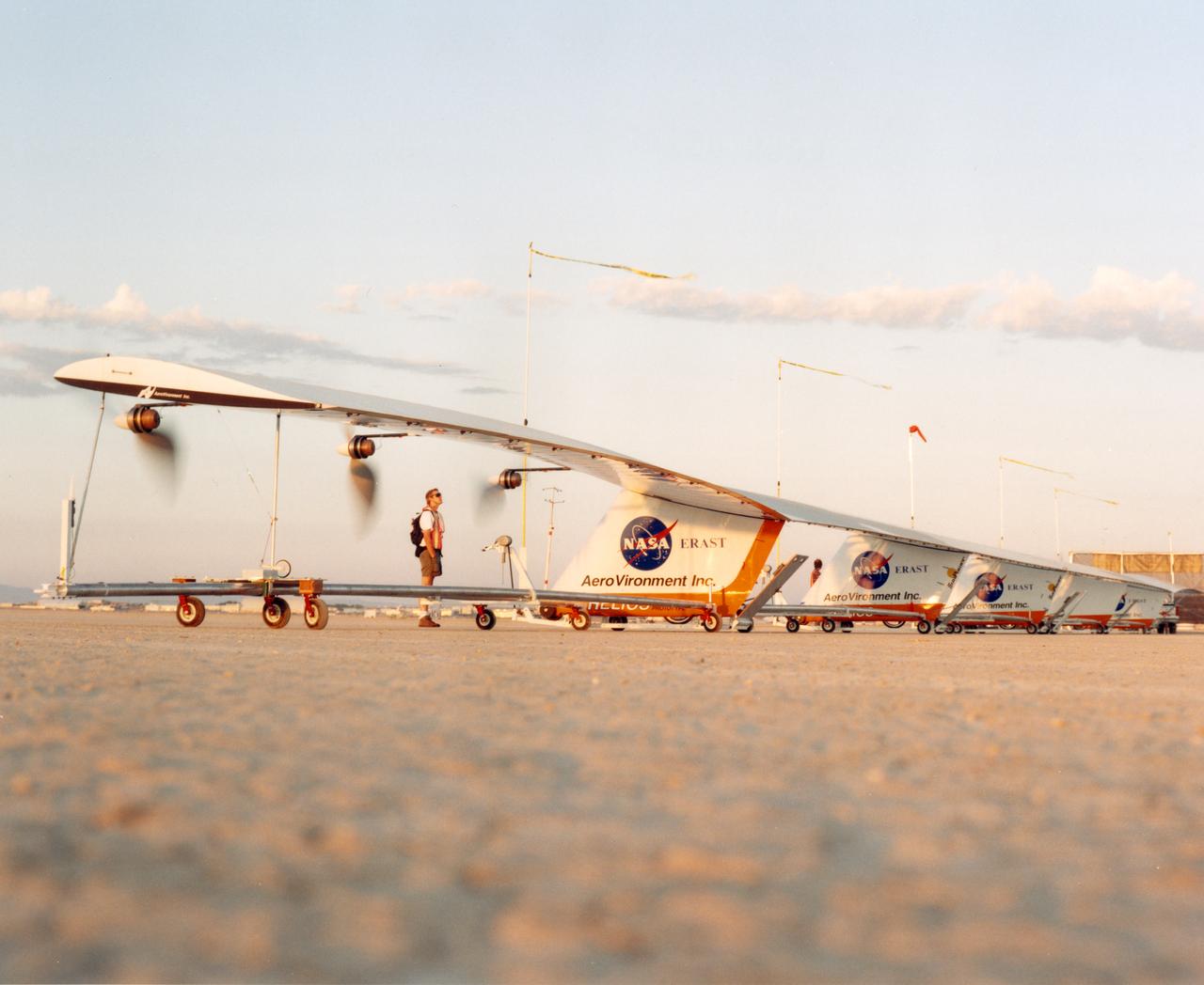 The Helios Prototype is an enlarged version of the Centurion flying wing, which flew a series of test flights at Dryden in late 1998. The craft has a wingspan of 247 feet, 41 feet greater than the Centurion, 2 1/2 times that of its solar-powered Pathfinder flying wing, and longer than either the Boeing 747 jetliner or Lockheed C-5 transport aircraft.