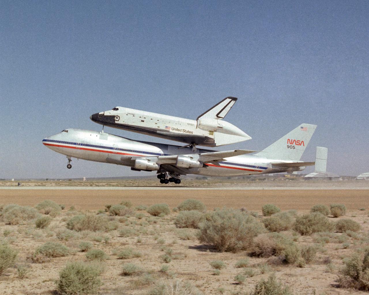 NASA's specially modified 747 with the Space Shuttle Columbia atop takes off to ferry the Shuttle back to Kennedy Space Center in Florida. Columbia had recently completed its first orbital mission with a landing at Edwards Air Force Base in California.
