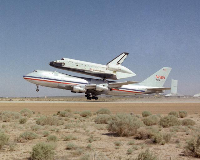 NASA image: NASA's 747 with Columbia atop takes off to ferry the Shuttle back to KSC in Florida, after completing its first orbital mission with a landing at Edwards AFB