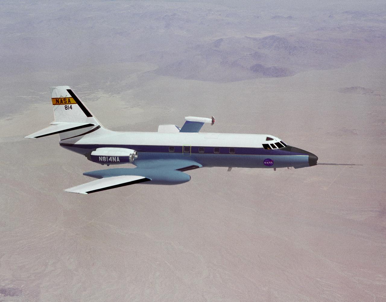 In this photograph, the C-140 JetStar is fitted with a model of a high-speed propeller. Three different designs were tested at NASA's Dryden Flight Research Facility in 1981-1982. Their swept-back blades were intended to increase the speed and fuel efficiency of turboprop aircraft. Speeds of Mach 0.8 were thought possible, while using 20 to 30 percent less fuel than standard jet engines.