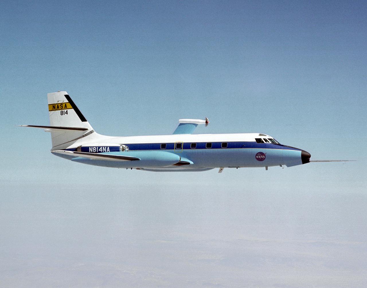 The Dryden C-140 JetStar during testing of advanced propfan designs. Dryden conducted flight research in 1981-1982 on several designs. The technology was developed under the direction of the Lewis Research Center (today the Glenn Research Center, Cleveland, OH) under the Advanced Turboprop Program. Under that program, Langley Research Center in Virginia oversaw work on accoustics and noise reduction. These efforts were intended to develop a high-speed and fuel-efficient turboprop system.