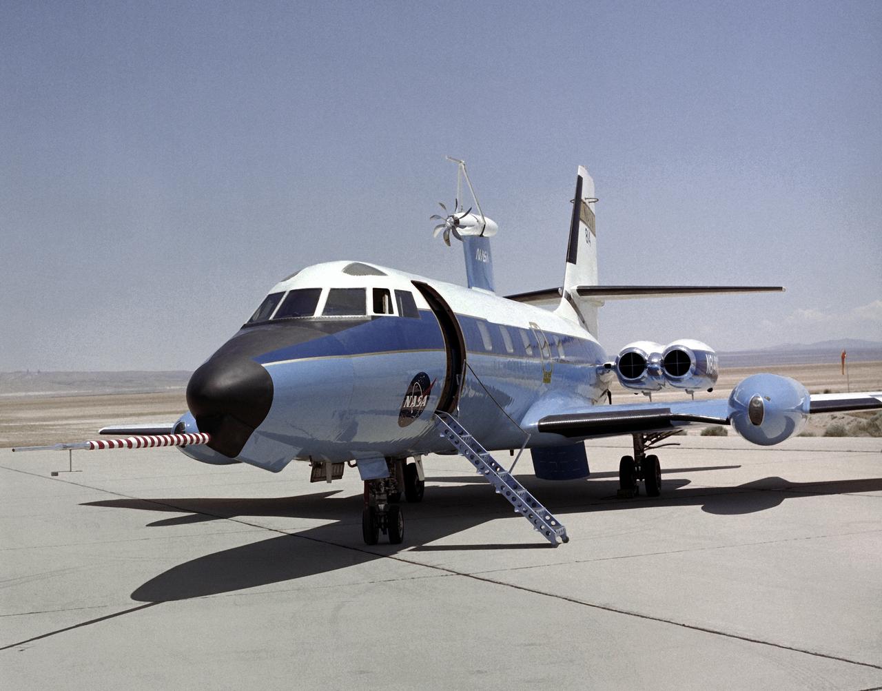 In this photo of the C-140 JetStar on the Dryden Ramp, a subscale propeller has been fitted to the upper fuselage of the aircraft.